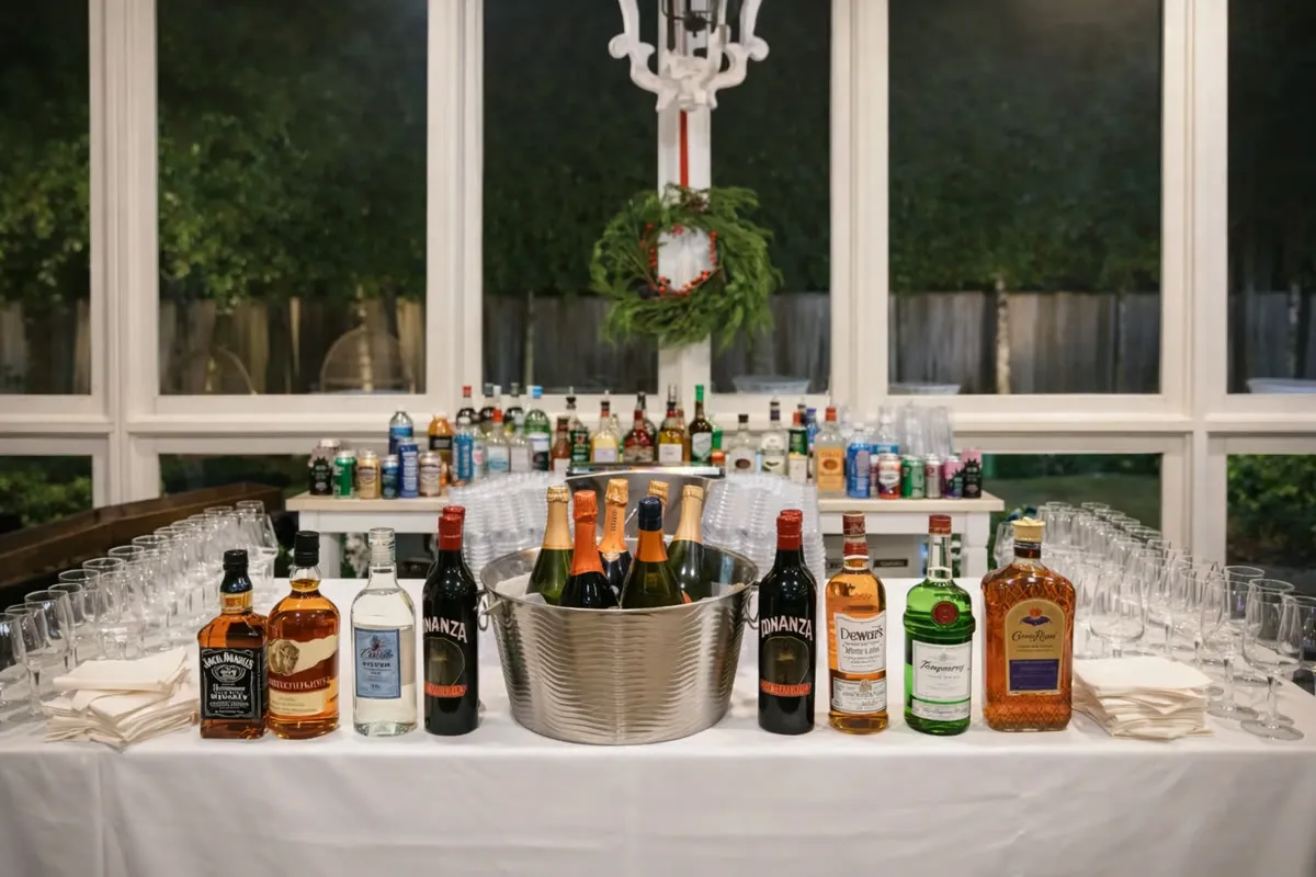 Full service bar setup with premium spirits and glassware