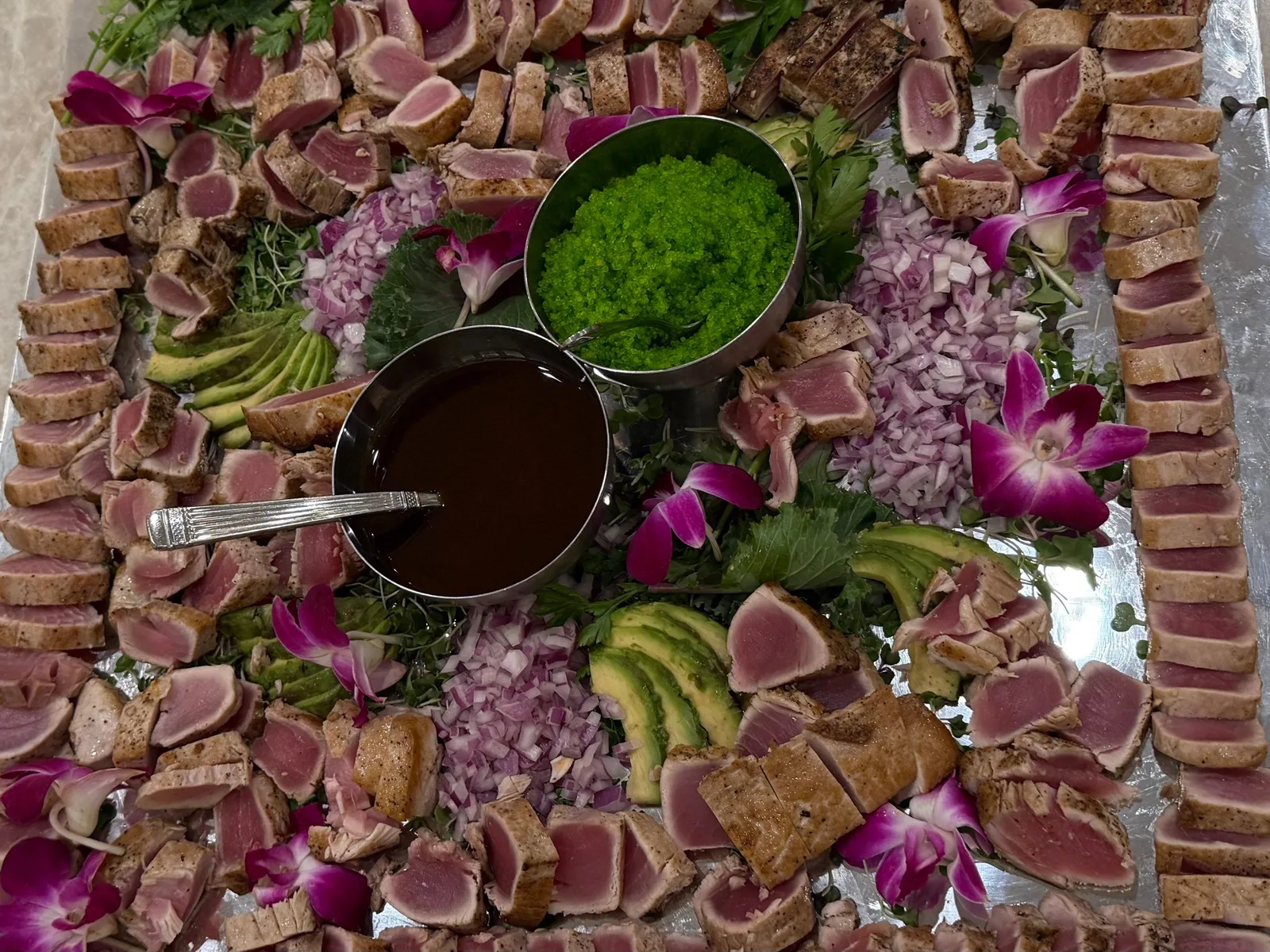 Seared tuna bites with wasabi and soy plating